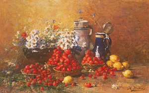 Stilleben av blomster og frukt